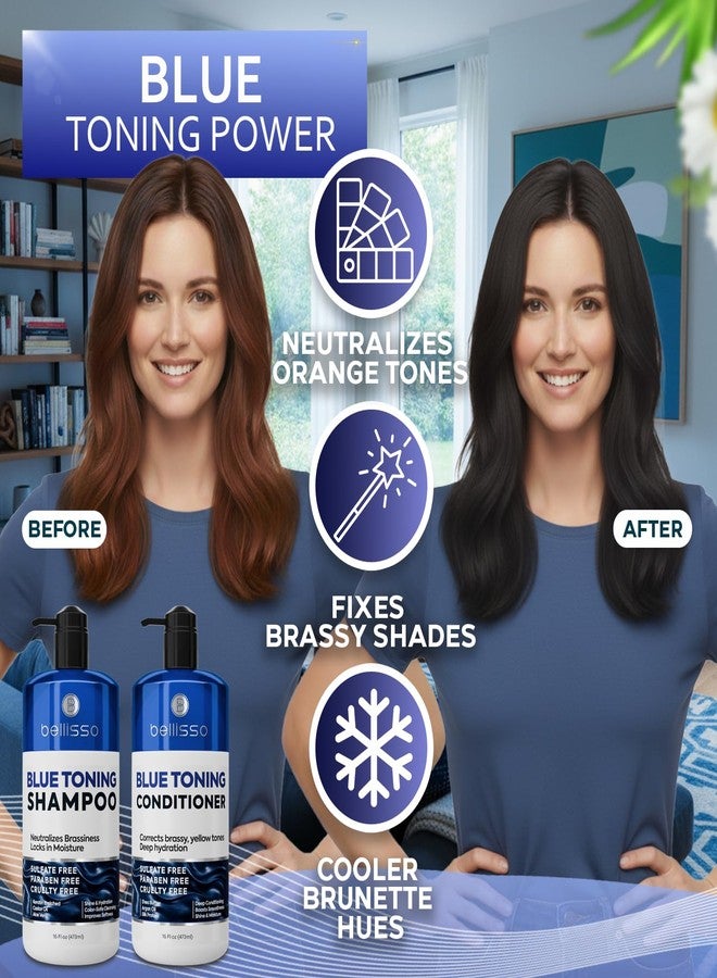 BELLISSO Blue Shampoo and Conditioner Set - Sulfate Free and Paraben Free - Neutralizing Toner to Correct Orange, Brassy Hair Back to Brunette - Professional Formula - For Women and Men - 16 Fl Oz (Set of 2) - Image 2