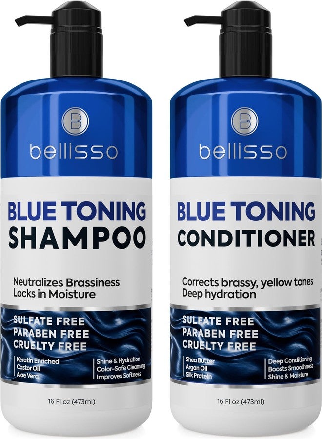 BELLISSO Blue Shampoo and Conditioner Set - Sulfate Free and Paraben Free - Neutralizing Toner to Correct Orange, Brassy Hair Back to Brunette - Professional Formula - For Women and Men - 16 Fl Oz (Set of 2) - Image 1