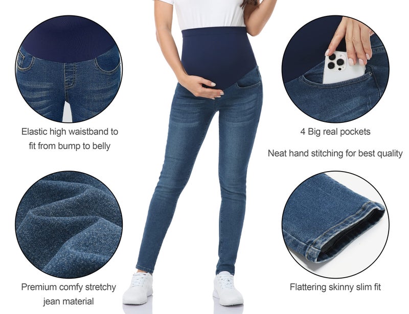 POSHGLAM Women's Maternity Jeans Over Belly 29'' Skinny Denim Jeggings Comfy Stretch Pregnancy Pants(Dark Blue, X-Large) - Image 2