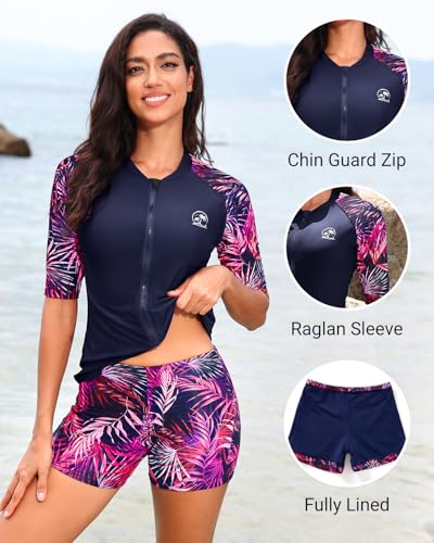 Holipick Pink Leaves Women 2 Piece Rash Guard Swimsuit-Short Sleeve Swim Shirt with Shorts Full Zipper SPF Modest Swimwear M - Image 5