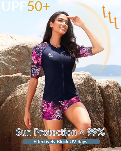 Holipick Pink Leaves Women 2 Piece Rash Guard Swimsuit-Short Sleeve Swim Shirt with Shorts Full Zipper SPF Modest Swimwear M - Image 4