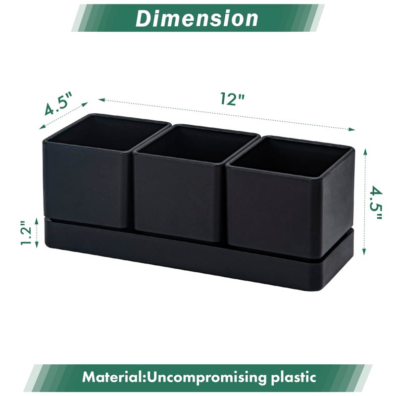 D'vine Dev Herb Garden Planter Set, Plastic Plant Pots with Drainage and Saucer, Indoor Succulent Cactus Vegetable Pot for Windowsill, Garden Balcony, Black, Set of 2, 76-V-B-2 - Image 3