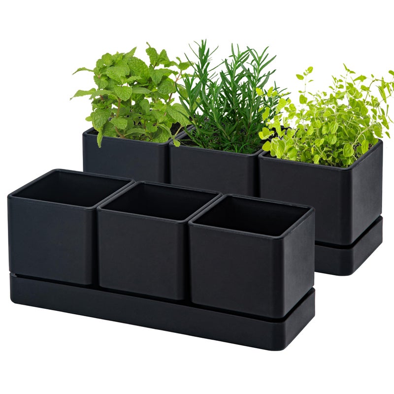 D'vine Dev Herb Garden Planter Set, Plastic Plant Pots with Drainage and Saucer, Indoor Succulent Cactus Vegetable Pot for Windowsill, Garden Balcony, Black, Set of 2, 76-V-B-2 - Image 1