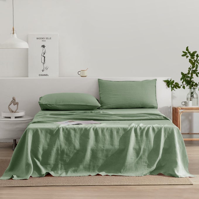 LINEN SHEETS SET FULL SIZE100 FRENCH STONEWASH PURE LINEN SHEETS SET4PIECES 1FLAT SHEET1FITTED SHEET2PILLOWCASE SUITABLE FOR HOT SLEEPERSDEEP POCKET NATURAL BEDDING SETSAGA GREEN