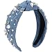 WantGor Pearl Knotted Headband Women Rhinestone Embellished Hairband Elegant Wide Top Knot Bride Headbands Headpieces Party Fashion Elegant Ladies Hair Band Hair Hoop Accessories Denim blue - Image 2