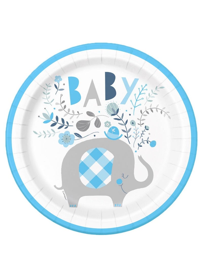 يونيك أطباق ورقية للاستخدام مرة واحدة بتصميم فيل لحفل استقبال المولود، أزرق، 22 سم، عبوة من 8 قطع - Image 1