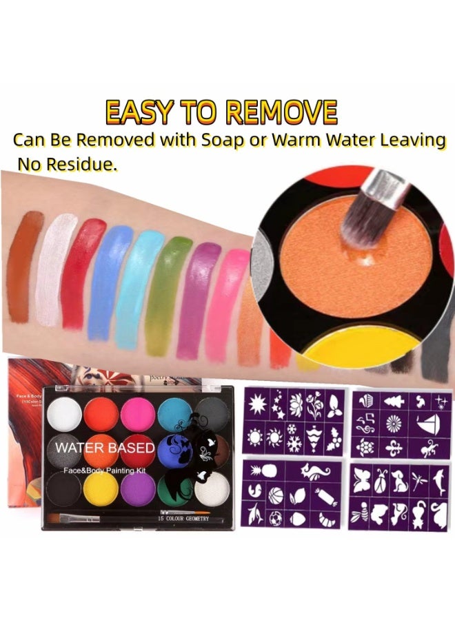 FAYET Face Painting Kit for Kids - 15 Color Large Water Based Makeup Paints with Stencils, 2 Brushes - Image 3