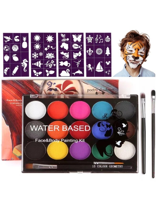 FAYET Face Painting Kit for Kids - 15 Color Large Water Based Makeup Paints with Stencils, 2 Brushes - Image 1