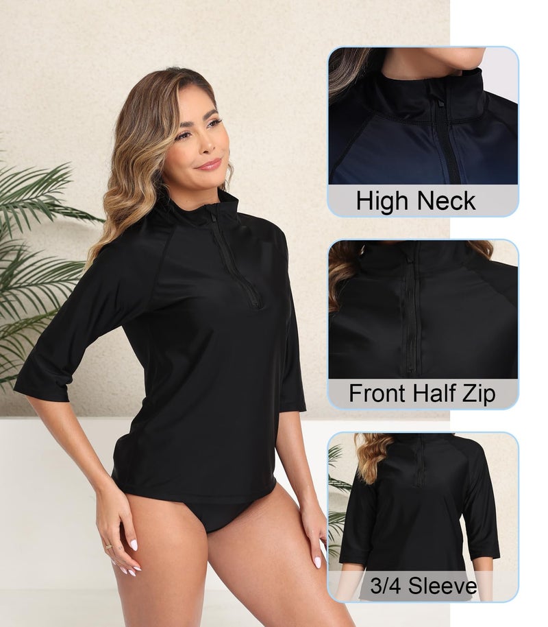 Halcurt Women's 3/4 Sleeve Rash Guard Swimsuit Top High Neck Half Zip Swim Shirt Only UPF50+ Quick Dry Bathing Suit Black L - Image 5