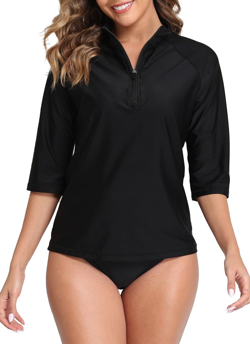 Halcurt Women's 3/4 Sleeve Rash Guard Swimsuit Top High Neck Half Zip Swim Shirt Only UPF50+ Quick Dry Bathing Suit Black L - Image 1