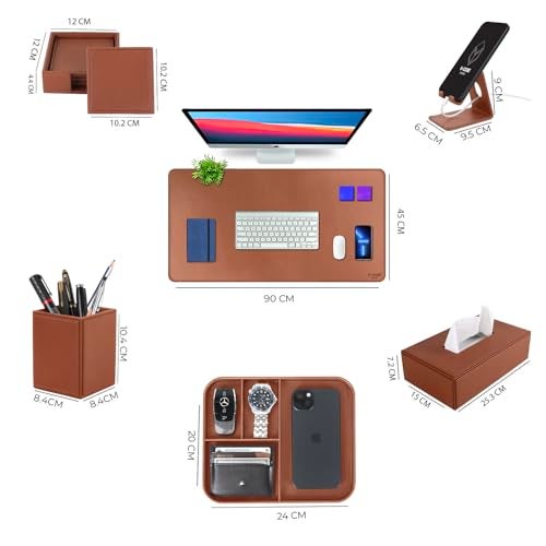 V-CUBE Designs Premium Vegan Leather Executive Set of 6| Multipurpose Personal Desk Organizer| Desk Mat | Valet Tray| Tissue Holder | Pen Holder| Coaster | Mobile Stand for Office Table & Home - Tan - Image 3