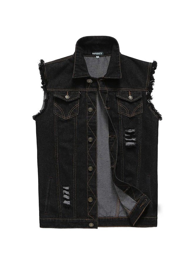 NASKY Men's Fit Retro Ripped Denim Vest Sleeveless Jean Vest and Jacket, Black, M - Image 1
