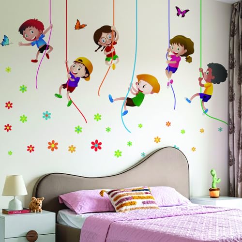 StickMe 'Kids Playing Climbing Up The - Rope Baby - Kids - Learning Education Nursery Pre School Kinder Garden Wall Sticker ' -SM329 (Multi Colour, Vinyl - 100cm X 65 cm) - Image 1