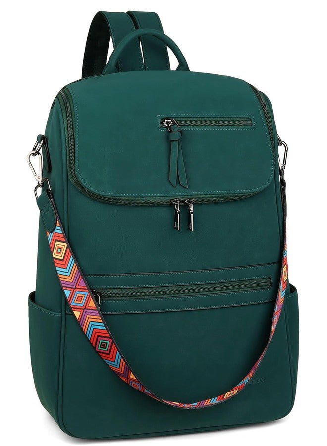 FADEON Laptop Backpack for Women Leather Travel Backpack with Laptop Compartment, Designer PU Shoulder Laptop Bag, Dark Green Nubuck Style, Leather Laptop Backpack for Women Large Travel Backpacks - Image 1