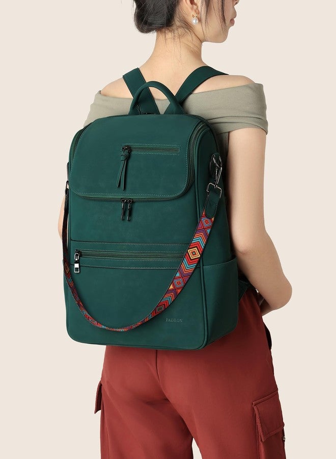 FADEON Laptop Backpack for Women Leather Travel Backpack with Laptop Compartment, Designer PU Shoulder Laptop Bag, Dark Green Nubuck Style, Leather Laptop Backpack for Women Large Travel Backpacks - Image 3