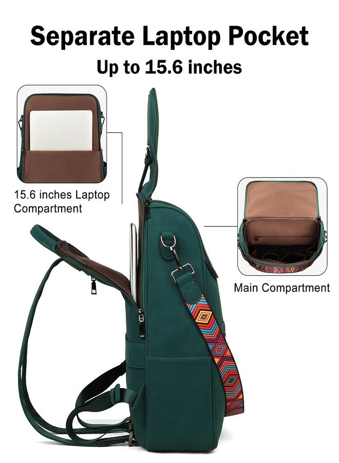 FADEON Laptop Backpack for Women Leather Travel Backpack with Laptop Compartment, Designer PU Shoulder Laptop Bag, Dark Green Nubuck Style, Leather Laptop Backpack for Women Large Travel Backpacks - Image 2