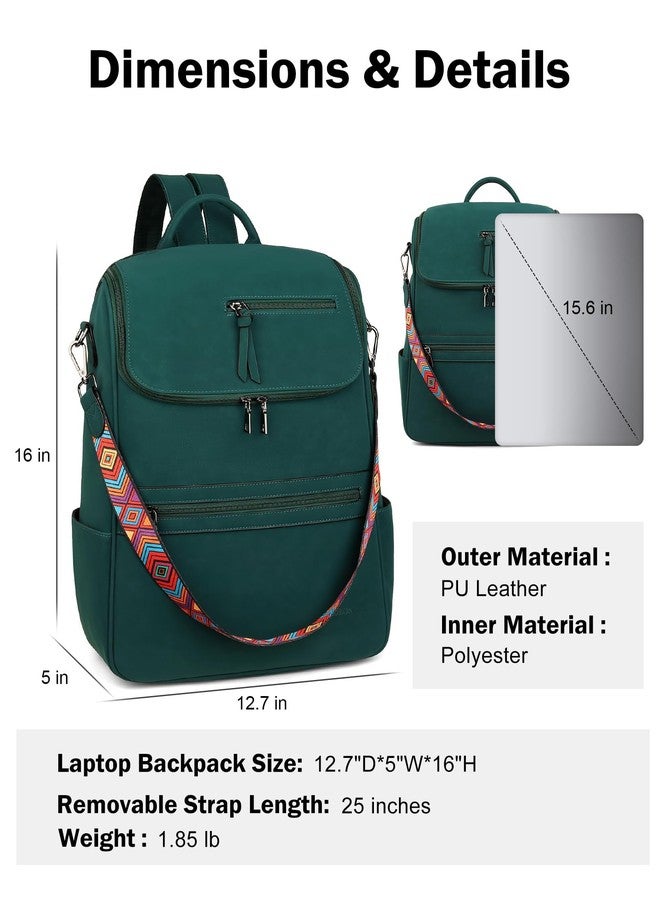 FADEON Laptop Backpack for Women Leather Travel Backpack with Laptop Compartment, Designer PU Shoulder Laptop Bag, Dark Green Nubuck Style, Leather Laptop Backpack for Women Large Travel Backpacks - Image 4