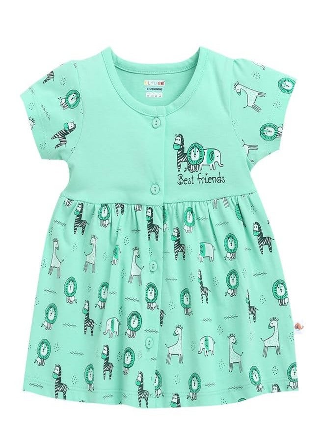 BUMZEE Baby Girls Cotton Cap Sleeves Knee Length Frock Green - 0-3 Months (Peb10189B-grn) - Image 1