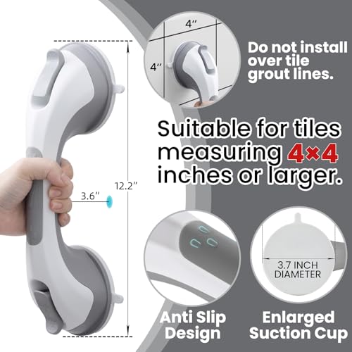 TAILI Shower Grab Bar, 2 Pack 12 Inch Suction Grab Bars for Bathtubs and Showers for Elderly, Shower Handle for Seniors Bathroom Safety Grip, No Drilling Removable,Grey - Image 3