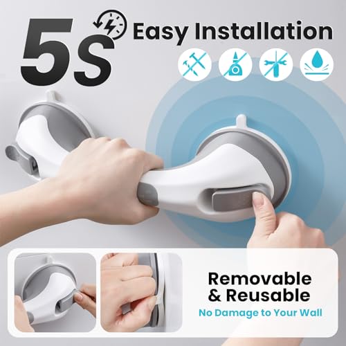 TAILI Shower Grab Bar, 2 Pack 12 Inch Suction Grab Bars for Bathtubs and Showers for Elderly, Shower Handle for Seniors Bathroom Safety Grip, No Drilling Removable,Grey - Image 5