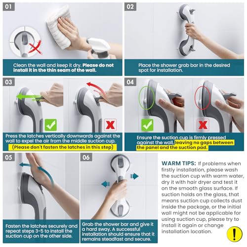 TAILI Shower Grab Bar, 2 Pack 12 Inch Suction Grab Bars for Bathtubs and Showers for Elderly, Shower Handle for Seniors Bathroom Safety Grip, No Drilling Removable,Grey - Image 2