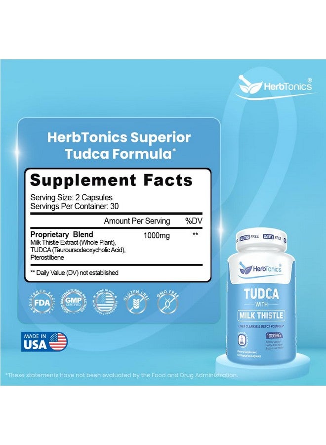 Herbtonics TUDCA 1000mg Liver Detox & Gallbladder Support - Milk Thistle & Pterostilbene Enhanced Bile Salt for Liver Cleanse, Healthy Bile Flow, and Digestive Health (60 Vegan Capsules) - Image 3