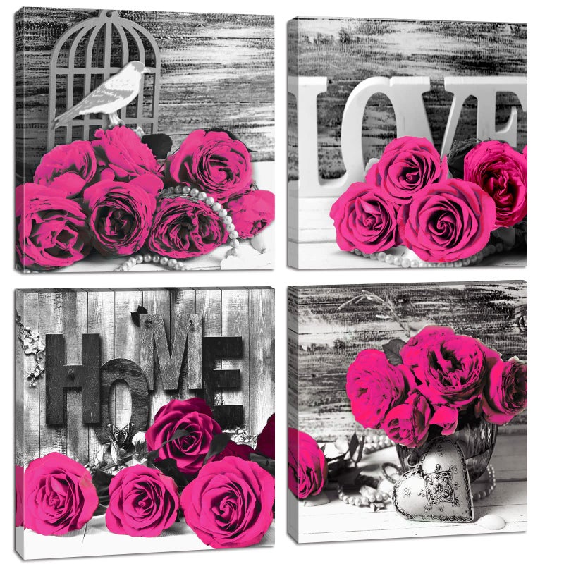 YOOOAHU Pink Wall Decor Bedroom Wall Art Rose Flower Pictures Artwork 12x12 Retro Gray Love Floral Couples Canvas Prints Painting Modern Office Spa Bathroom Living Room Home Decoration Accessories 4Pcs/Sets - Image 1