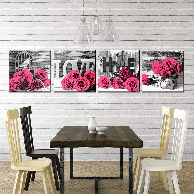 YOOOAHU Pink Wall Decor Bedroom Wall Art Rose Flower Pictures Artwork 12x12 Retro Gray Love Floral Couples Canvas Prints Painting Modern Office Spa Bathroom Living Room Home Decoration Accessories 4Pcs/Sets - Image 3