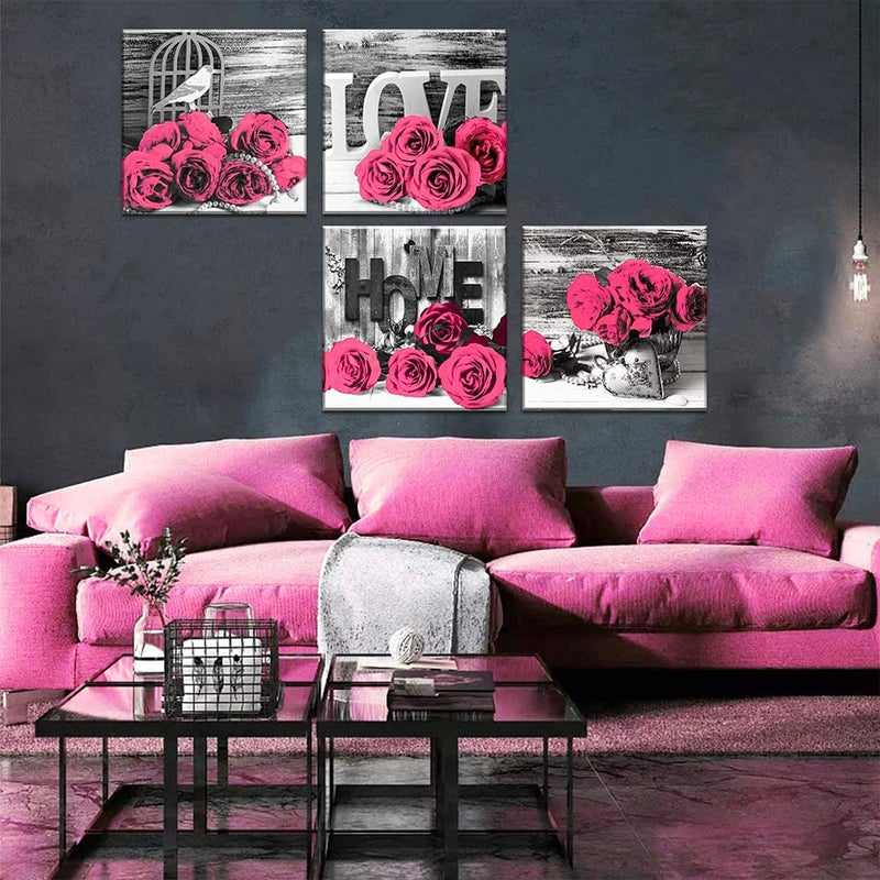 YOOOAHU Pink Wall Decor Bedroom Wall Art Rose Flower Pictures Artwork 12x12 Retro Gray Love Floral Couples Canvas Prints Painting Modern Office Spa Bathroom Living Room Home Decoration Accessories 4Pcs/Sets - Image 2