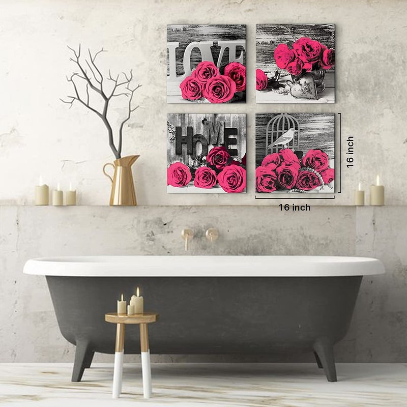 YOOOAHU Pink Wall Decor Bedroom Wall Art Rose Flower Pictures Artwork 12x12 Retro Gray Love Floral Couples Canvas Prints Painting Modern Office Spa Bathroom Living Room Home Decoration Accessories 4Pcs/Sets - Image 5