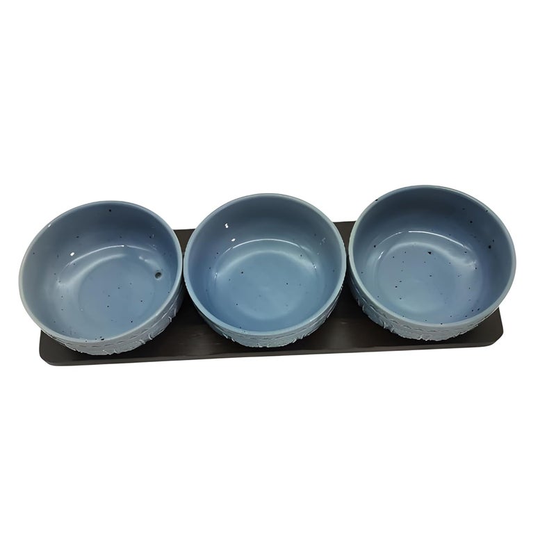 Lemon Tree Ceramic 3 Medium Size Bowl Set with Bamboo Base Tray for Serving Chutney Dips Ideal for Serving Snacks Dry Fruits Nuts Desserts Cookies Blue - Image 2