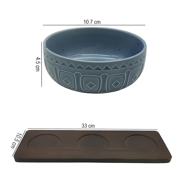 Lemon Tree Ceramic 3 Medium Size Bowl Set with Bamboo Base Tray for Serving Chutney Dips Ideal for Serving Snacks Dry Fruits Nuts Desserts Cookies Blue - Image 4