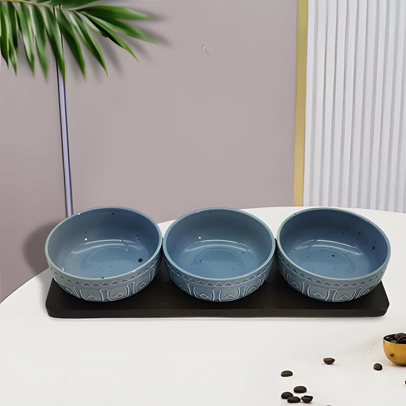 Lemon Tree Ceramic 3 Medium Size Bowl Set with Bamboo Base Tray for Serving Chutney Dips Ideal for Serving Snacks Dry Fruits Nuts Desserts Cookies Blue - Image 1
