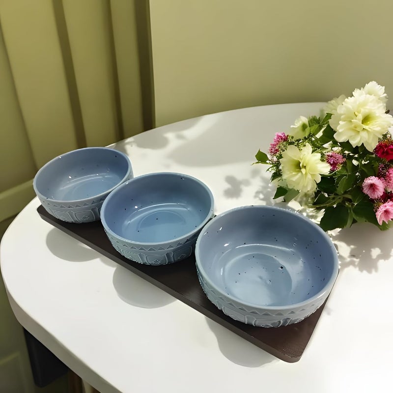 Lemon Tree Ceramic 3 Medium Size Bowl Set with Bamboo Base Tray for Serving Chutney Dips Ideal for Serving Snacks Dry Fruits Nuts Desserts Cookies Blue - Image 5