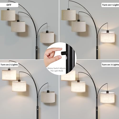 SUNMORY 3 Lights Floor Lamp for Living Room, 78" Tall Standing Lamp with Hanging Drum Shade, Modern Arc Floor Lamps with Heavy Base, Mid Century Arched Tree Floor Lamp for Bedroom, Office, Corner - Image 2