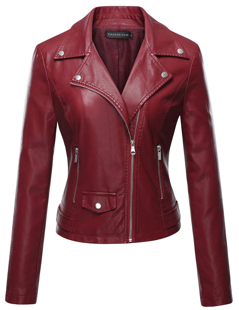 Tanming Womens Faux Leather Moto Biker Short Coat Jacket WineRedM