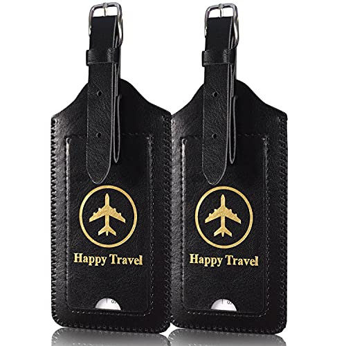 ACdream Luggage Tags 2 Pack, Leather Suitcase Tags Identifiers, Cute Cruise ID Labels with Privacy Cover fits on Backpack, Travel Bag, for Women, Men, Adults, Kids, Black - Image 1