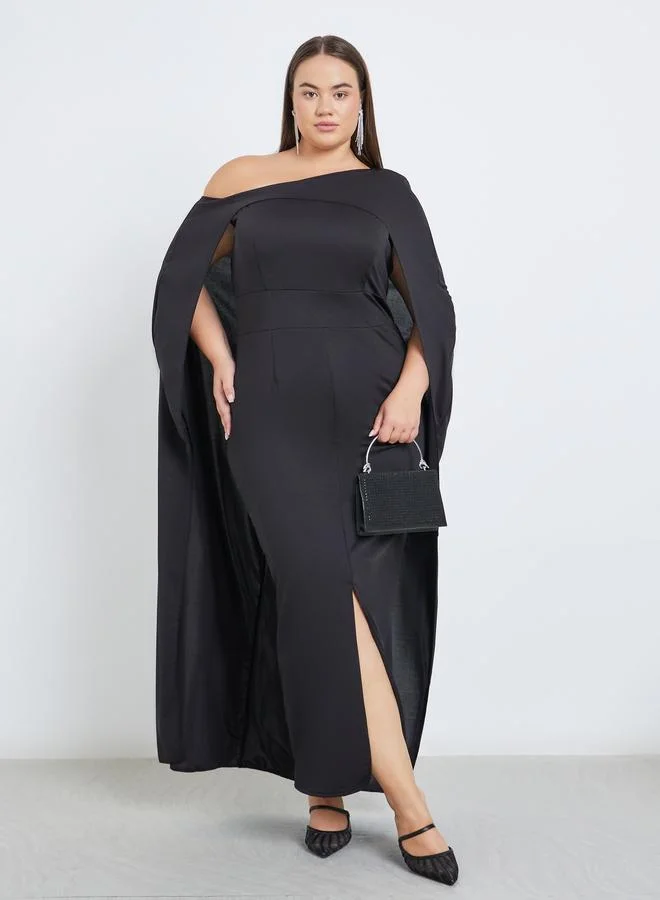 Styli Styli Plus Cape Sleeve Maxi Dress with Front Slit