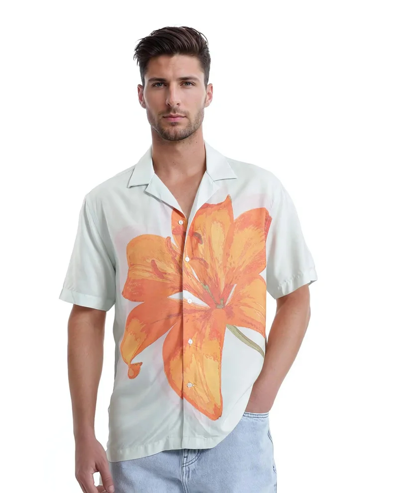 Rare Rabbit Men's Floral Placement Print Cuban Collar Shirt