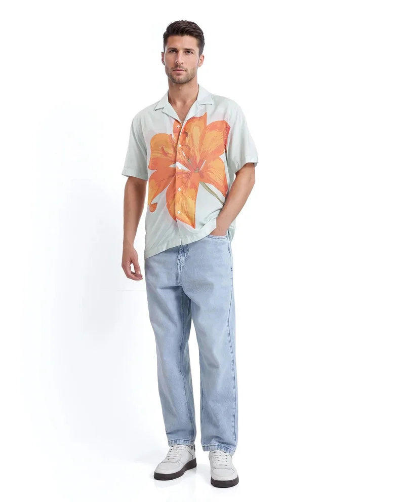 Rare Rabbit Men's Floral Placement Print Cuban Collar Shirt