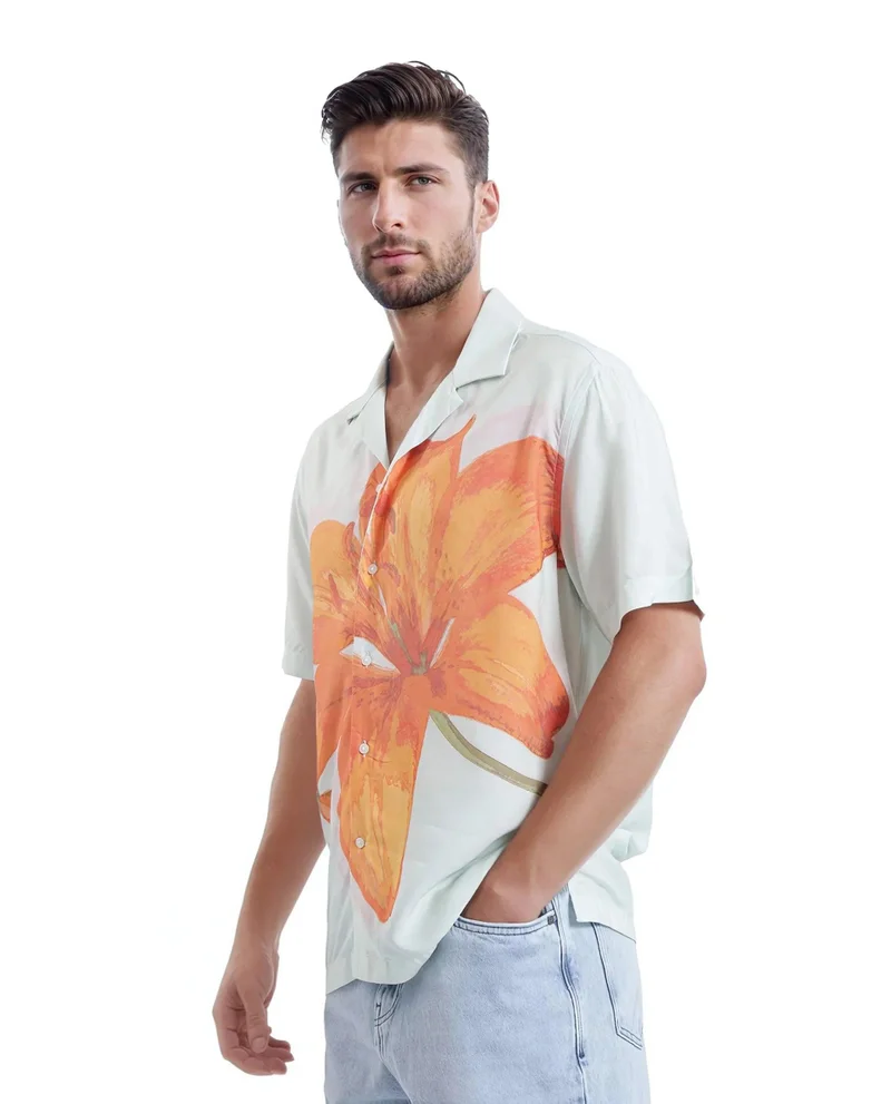 Rare Rabbit Men's Floral Placement Print Cuban Collar Shirt