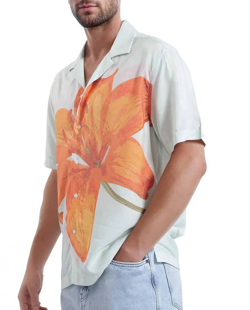 Rare Rabbit Men's Floral Placement Print Cuban Collar Shirt