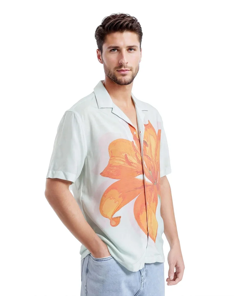 Rare Rabbit Men's Floral Placement Print Cuban Collar Shirt