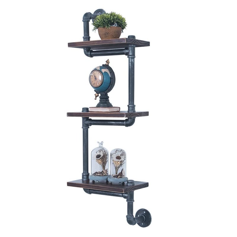 OLDRAINBOW Industrial Pipe Shelving Wall Mounted,11.8in Metal Floating Shelves,Real Wood Book Shelves,Wall Shelf Bookshelf Shelves Bar Shelving(3 Tier) - Image 1