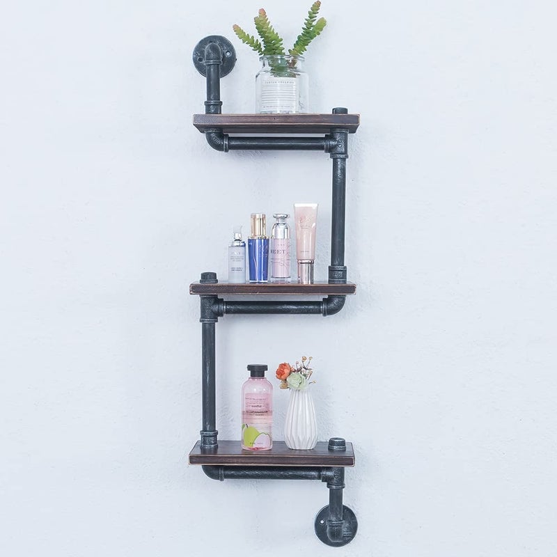 OLDRAINBOW Industrial Pipe Shelving Wall Mounted,11.8in Metal Floating Shelves,Real Wood Book Shelves,Wall Shelf Bookshelf Shelves Bar Shelving(3 Tier) - Image 2