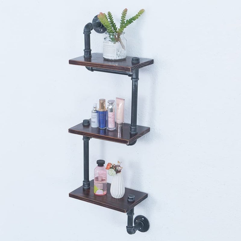 OLDRAINBOW Industrial Pipe Shelving Wall Mounted,11.8in Metal Floating Shelves,Real Wood Book Shelves,Wall Shelf Bookshelf Shelves Bar Shelving(3 Tier) - Image 4