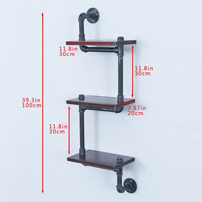 OLDRAINBOW Industrial Pipe Shelving Wall Mounted,11.8in Metal Floating Shelves,Real Wood Book Shelves,Wall Shelf Bookshelf Shelves Bar Shelving(3 Tier) - Image 3