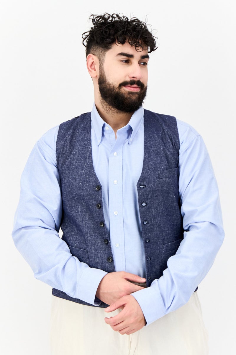 GAS Men Regular Fit Chambray Pattern Vest, Dark Blue - Image 1