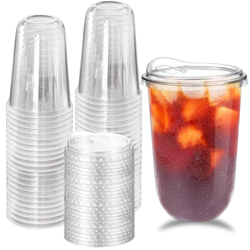 Alaeseje 50 Pack Clear Plastic Cups with Strawless Sip Lids,20 oz Iced Coffee Cups with Lids,Disposable PET Crystal Cups,Round Bottom To Go Cup for Iced Coffee Juice Smoothie Cold Beverage - Image 1
