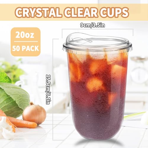 Alaeseje 50 Pack Clear Plastic Cups with Strawless Sip Lids,20 oz Iced Coffee Cups with Lids,Disposable PET Crystal Cups,Round Bottom To Go Cup for Iced Coffee Juice Smoothie Cold Beverage - Image 2